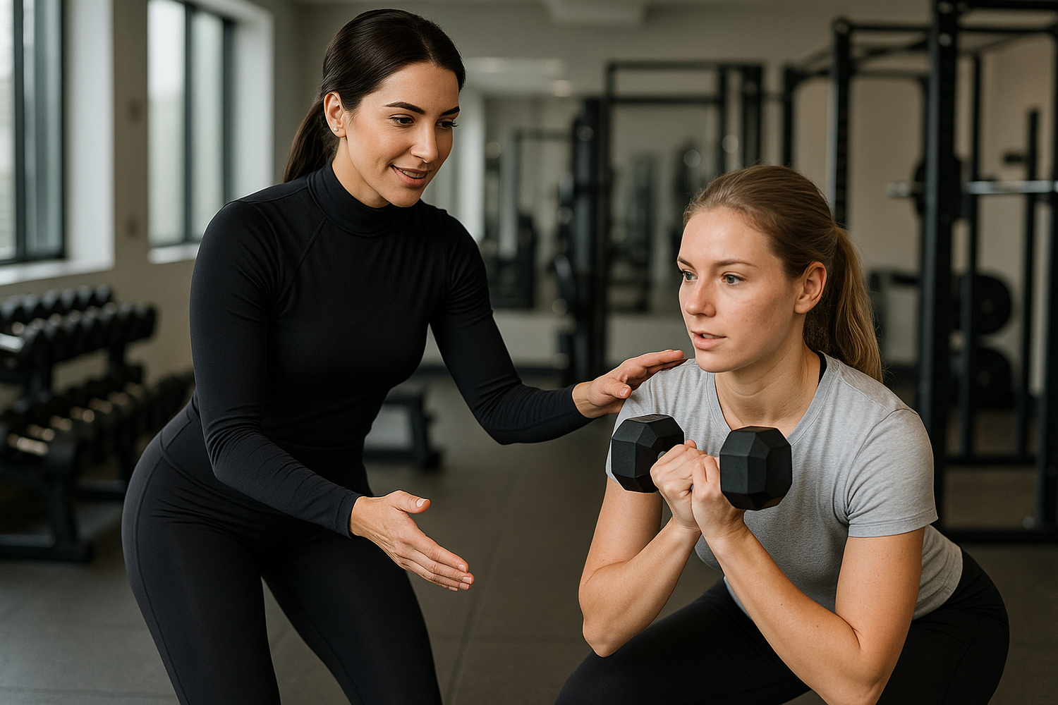 chic brunette personal trainer no cleavage training client